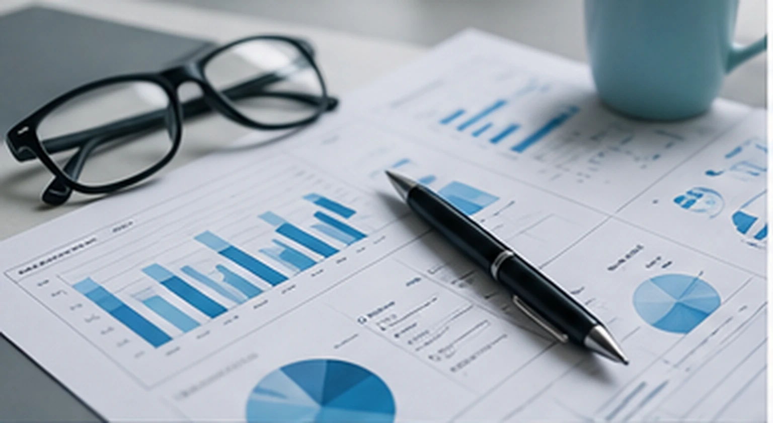 Printed charts and analysis materials on a research desk