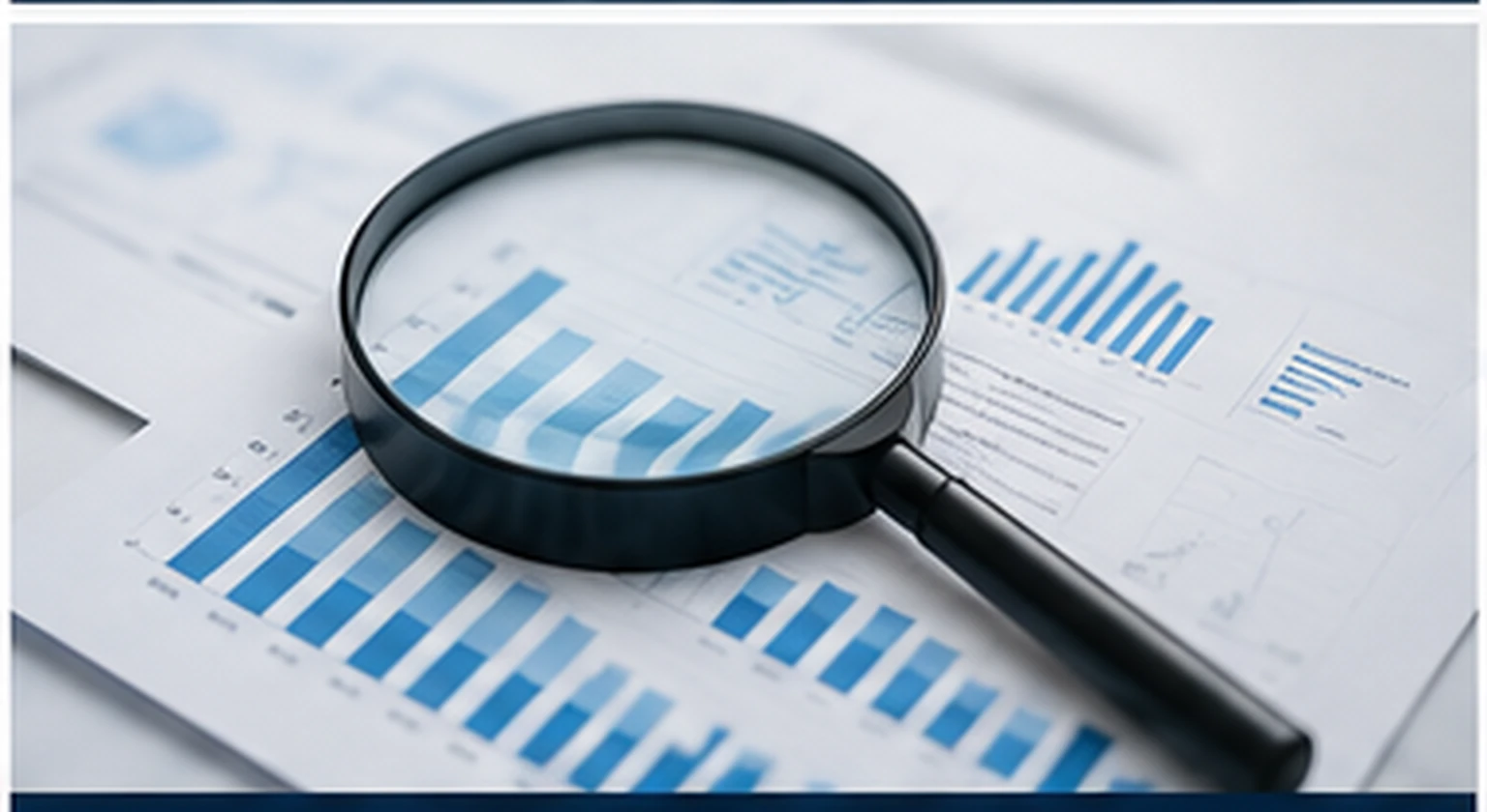 Magnifying glass over market research charts