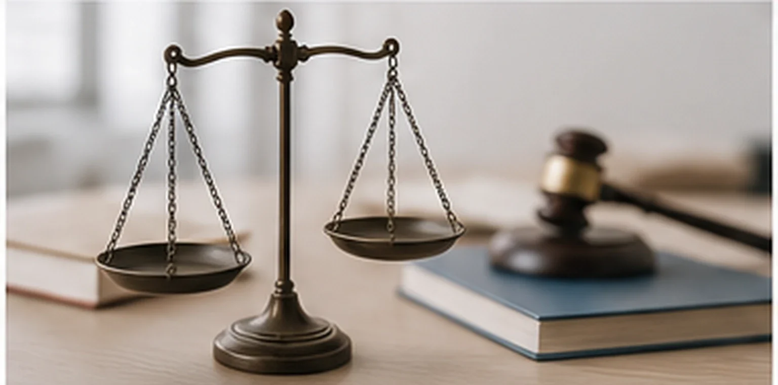 Legal research desk with scales and reference materials