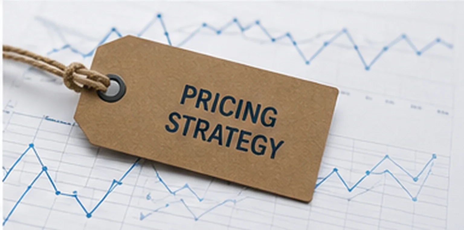 Pricing strategy tag placed over analytical charts
