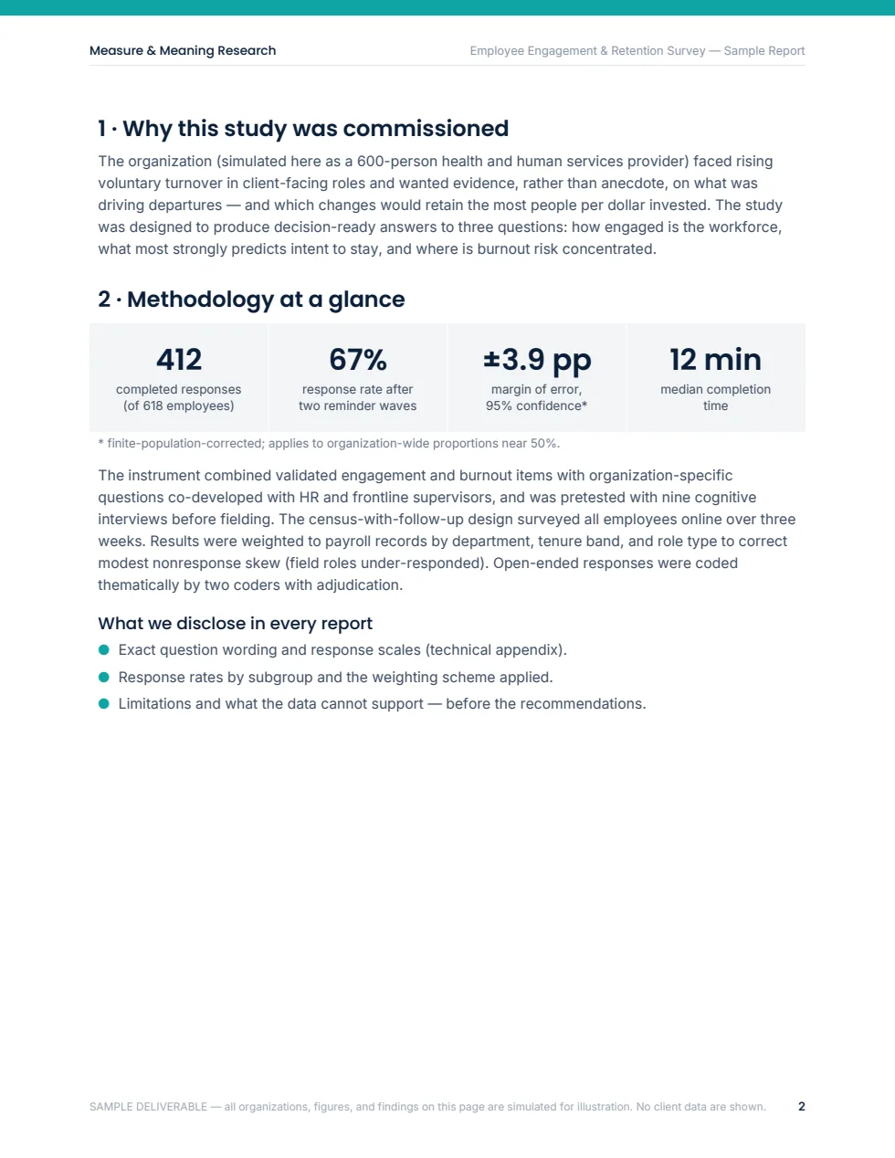 Sample report methodology page showing response counts, margin of error, and disclosure standards — simulated data